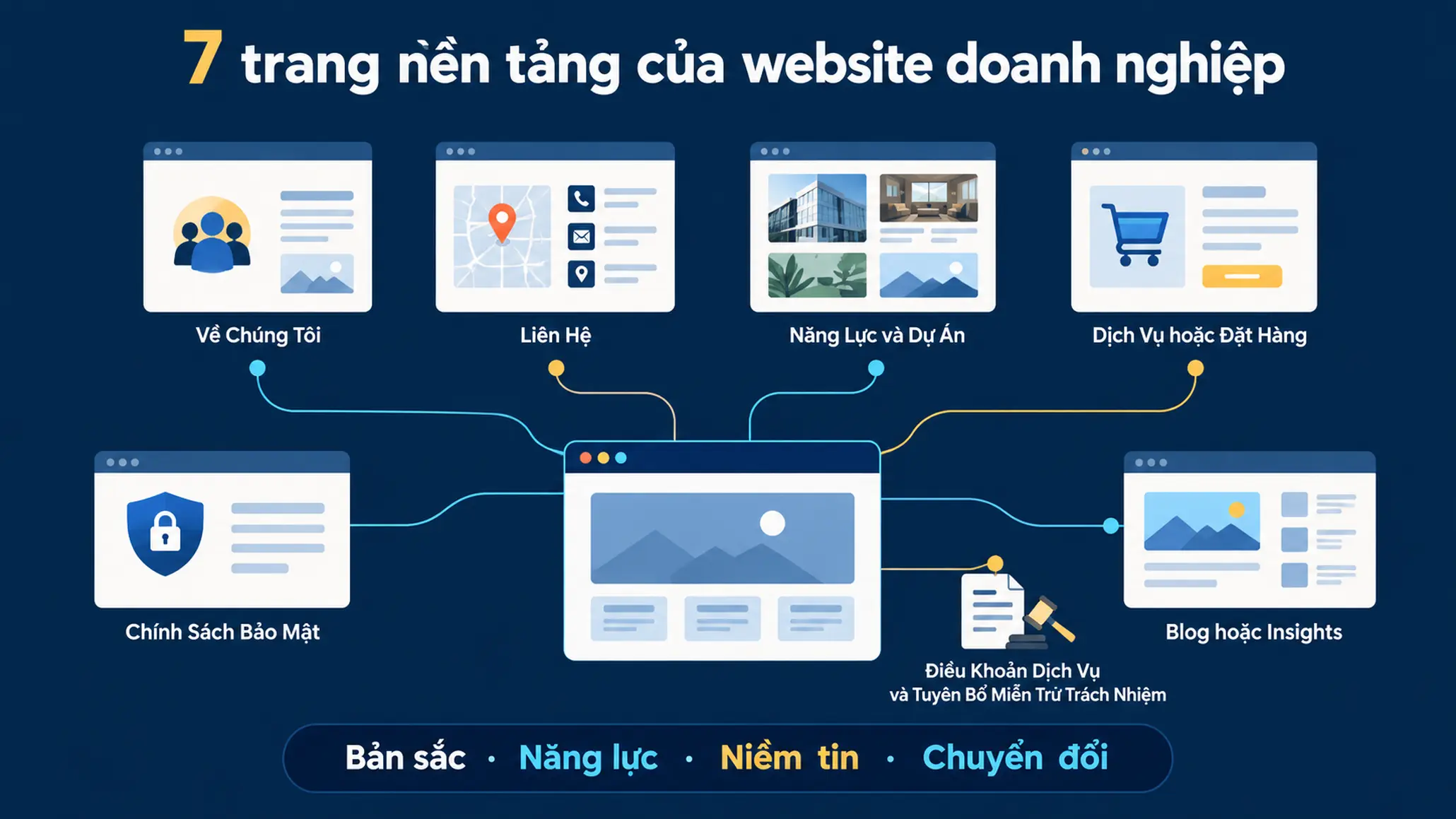 Sơ đồ bảy trang website doanh nghiệp gồm giới thiệu, liên hệ, dự án, dịch vụ, chính sách pháp lý và blog.