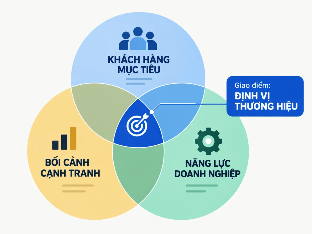 Sơ đồ giao điểm giữa khách hàng mục tiêu, bối cảnh cạnh tranh và năng lực doanh nghiệp để xác lập định vị thương hiệu.