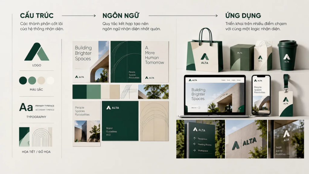 Hệ thống nhận diện được triển khai nhất quán trên bao bì, tài liệu, nền tảng số và không gian thương hiệu.