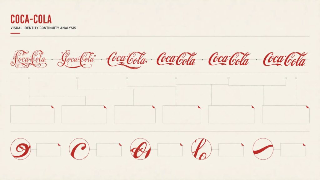 Các phiên bản nhận diện Coca-Cola được trình bày theo hướng phân tích tính liên tục của hình ảnh chữ.