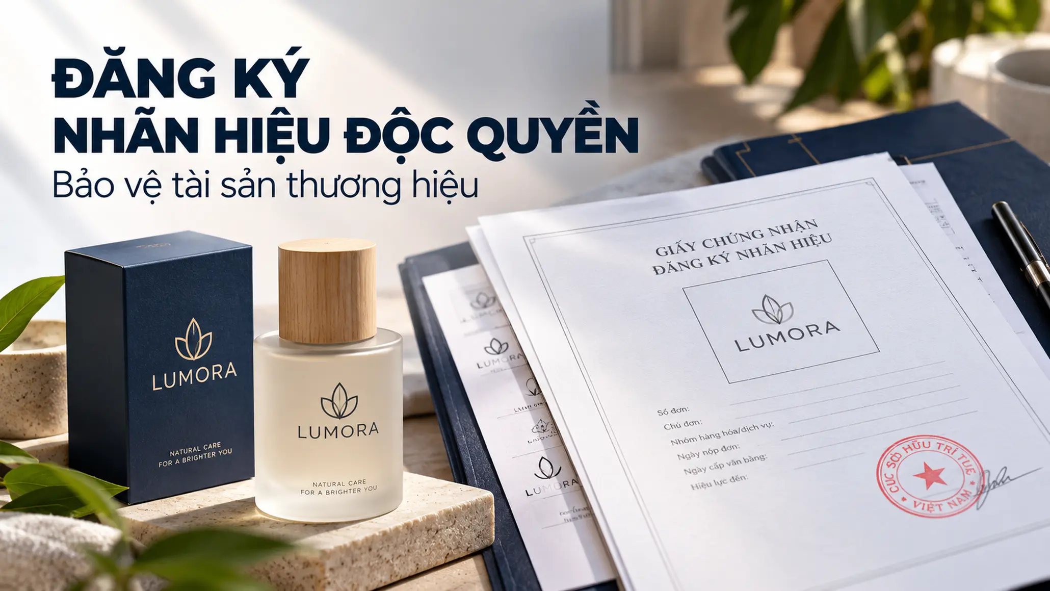 Hình ảnh dấu hiệu nhận diện trên sản phẩm bên cạnh hồ sơ đăng ký nhãn hiệu, thể hiện mối liên hệ giữa thương hiệu và bảo hộ pháp lý.