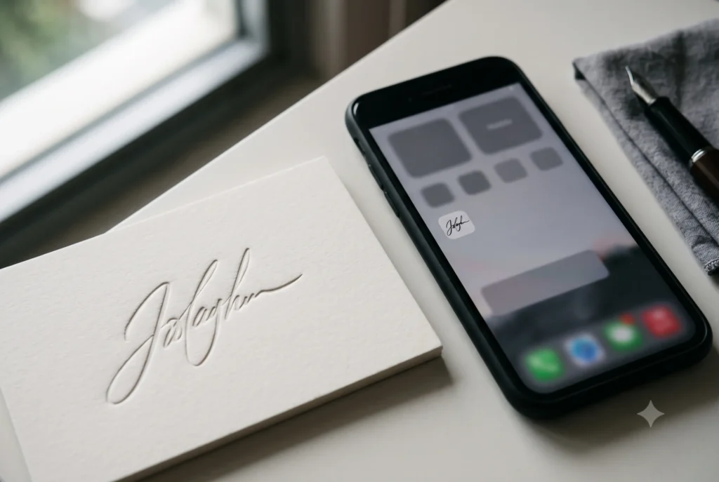 Logo font viết tay: Bản sắc độc đáo giữa sự trùng lặp của thị trường 1 FreshBrand Logo font viết tay dập nổi sắc nét trên thiệp giấy nhưng vỡ nét khi thu nhỏ thành icon điện thoại