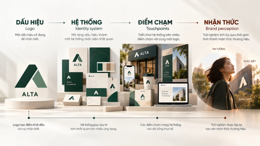Sơ đồ dòng chảy từ logo qua hệ thống nhận diện và điểm chạm đến nhận thức thương hiệu.
