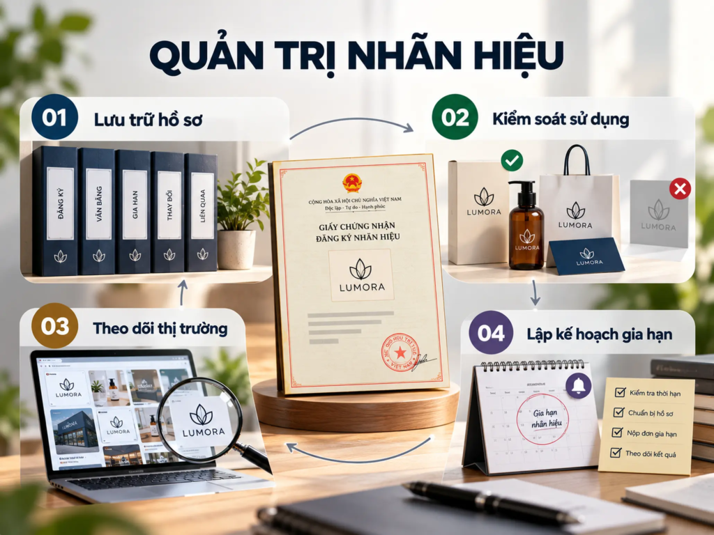 Sơ đồ bốn hoạt động quản trị nhãn hiệu gồm lưu trữ hồ sơ, kiểm soát sử dụng, theo dõi thị trường và gia hạn.