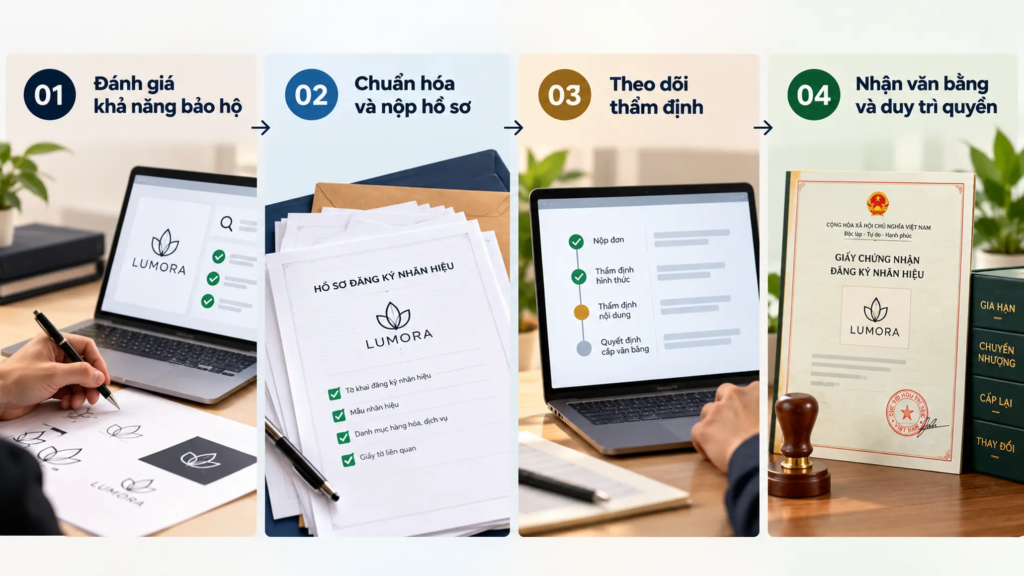 Sơ đồ bốn giai đoạn đăng ký nhãn hiệu gồm đánh giá khả năng bảo hộ, nộp hồ sơ, theo dõi thẩm định và duy trì quyền.