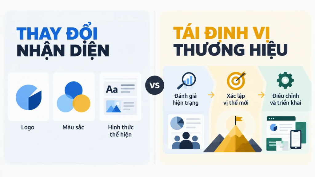 Sơ đồ so sánh việc thay đổi các yếu tố nhận diện với quá trình đánh giá và xác lập vị thế thương hiệu mới.
