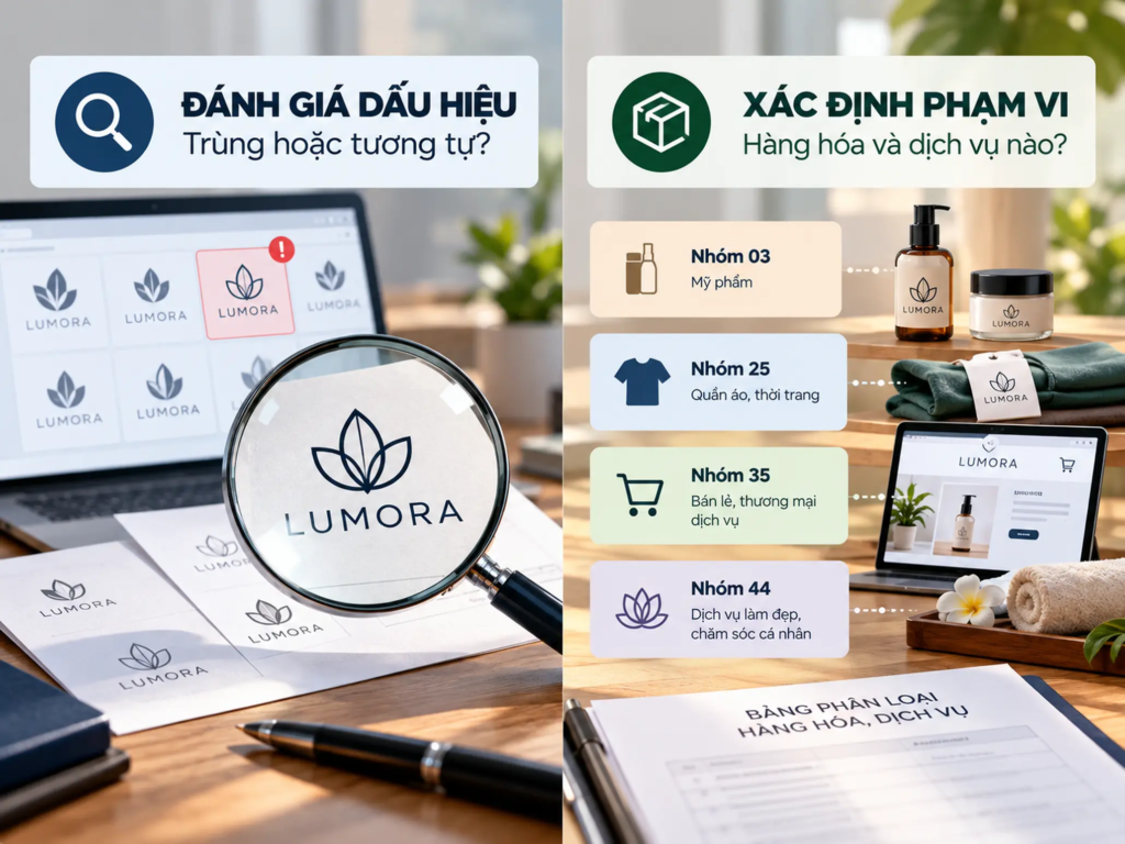 Sơ đồ đối chiếu tên gọi, biểu tượng và phân nhóm hàng hóa, dịch vụ trước khi nộp đơn đăng ký nhãn hiệu.
