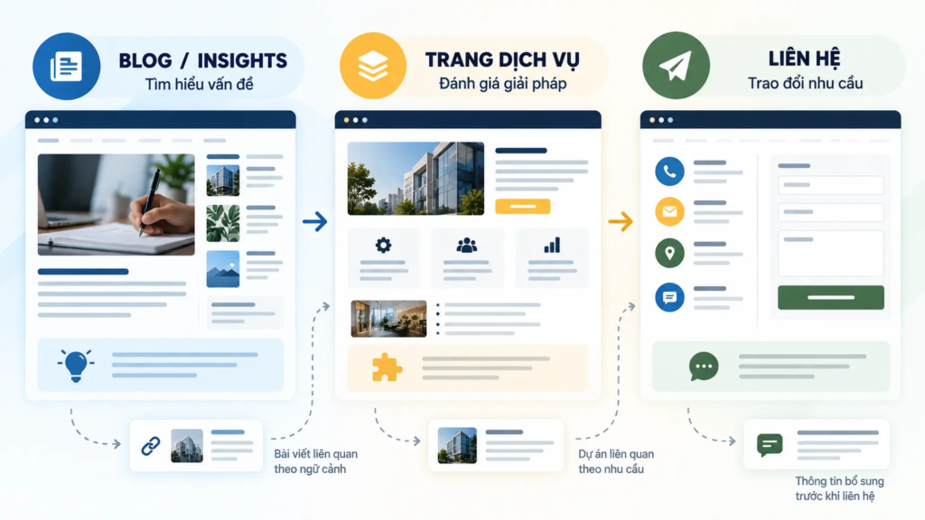 Sơ đồ liên kết bài viết chuyên môn với trang dịch vụ và trang liên hệ trong hành trình khách hàng.