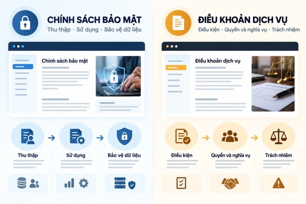 Sơ đồ so sánh chính sách bảo mật với điều khoản dịch vụ và tuyên bố miễn trừ trách nhiệm.