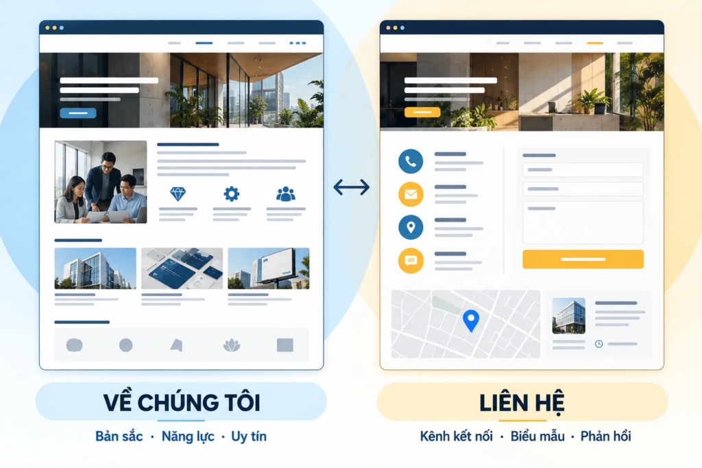 So sánh giao diện trang giới thiệu doanh nghiệp với trang liên hệ có thông tin kết nối và biểu mẫu.