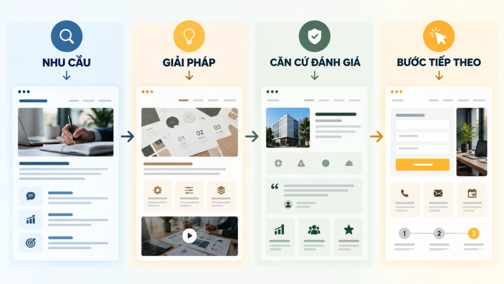 Sơ đồ hành trình trên trang dịch vụ từ nhu cầu, giải pháp và căn cứ đánh giá đến hành động tiếp theo.