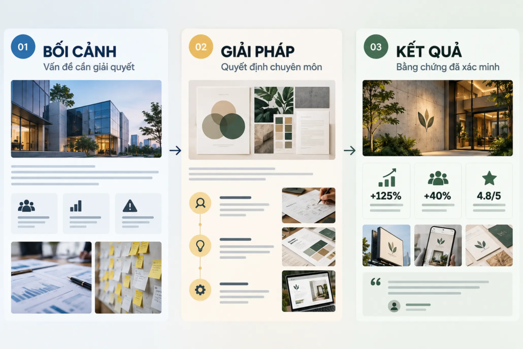 Sơ đồ trang dự án gồm bối cảnh, giải pháp và kết quả nhằm thể hiện năng lực giải quyết vấn đề.