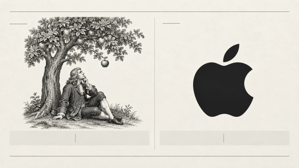So sánh hình minh họa Apple ban đầu với biểu tượng quả táo cô đọng trong nhận diện.
