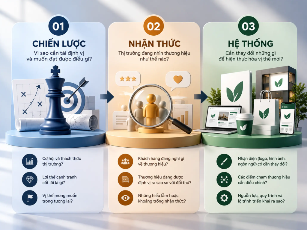 Framework ba lớp đánh giá chiến lược, nhận thức và hệ thống trước khi tái định vị thương hiệu.