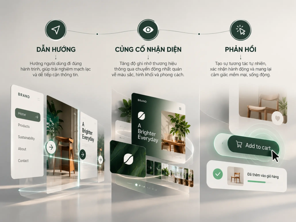 Sơ đồ ba chức năng của motion gồm dẫn hướng, củng cố nhận diện và phản hồi