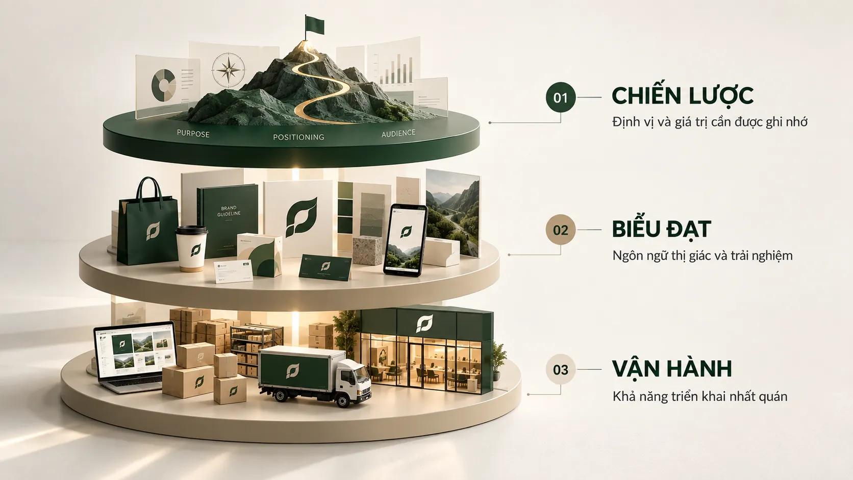 Sơ đồ ba lớp chiến lược, biểu đạt và vận hành trong hệ thống thương hiệu