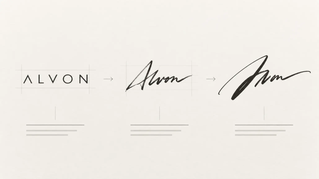 Sơ đồ ba lớp gồm tên gọi, phong cách chữ và dấu hiệu cá nhân trong logo font viết tay.