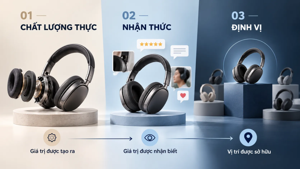 Sơ đồ ba lớp liên kết chất lượng thực, nhận thức về chất lượng và định vị thương hiệu.