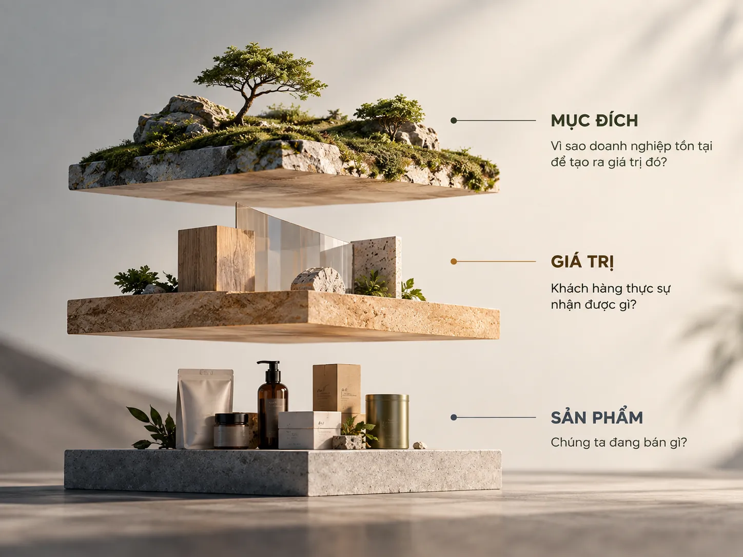 Sơ đồ ba lớp gồm sản phẩm, giá trị và mục đích trong nền tảng thương hiệu