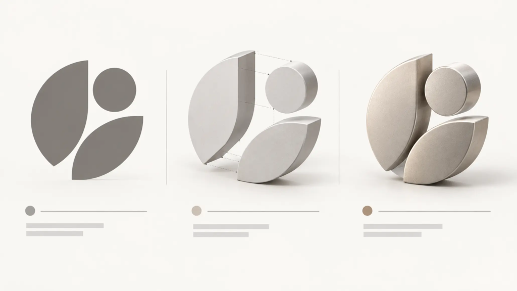 Ba lớp hình dạng, không gian, ánh sáng và bề mặt trong logo 3D