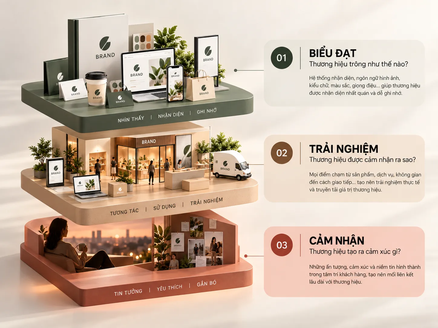 Framework ba tầng gồm biểu đạt, trải nghiệm và cảm nhận trong thương hiệu