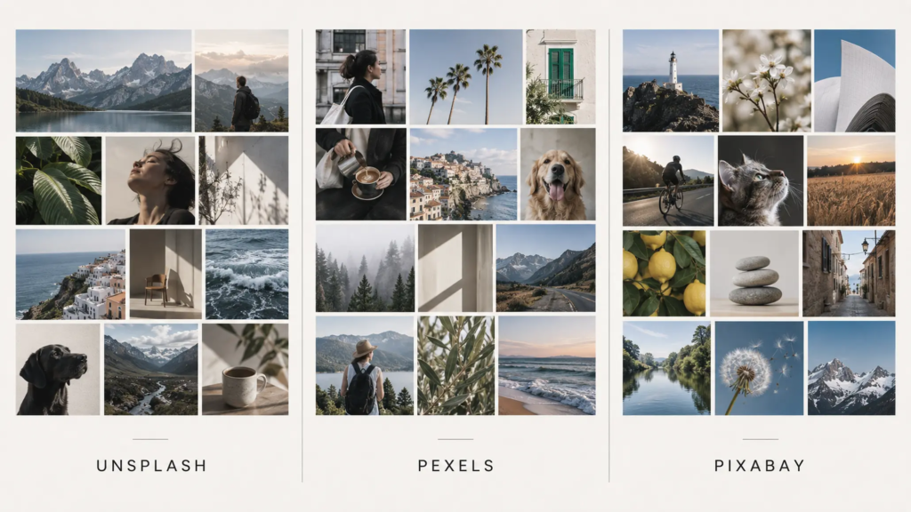 Ba nhóm nguồn hình ảnh giúp designer tìm photography và visual asset cho nhiều nhu cầu thiết kế.