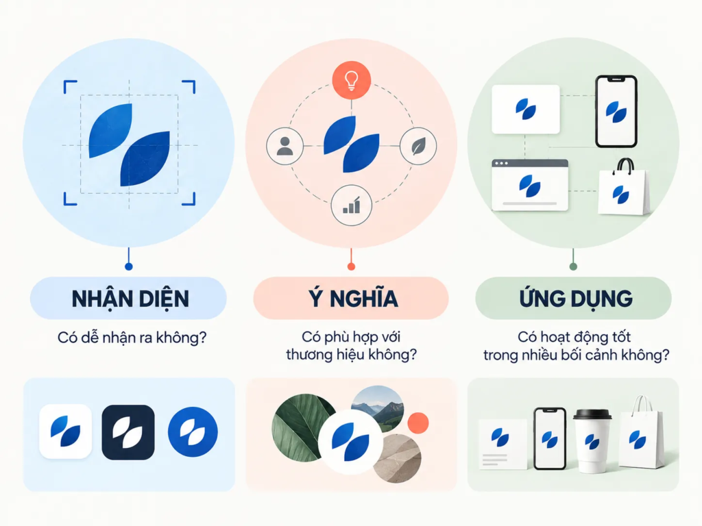 Sơ đồ ba tiêu chí đánh giá logo gồm khả năng nhận diện, ý nghĩa và khả năng ứng dụng thực tế.