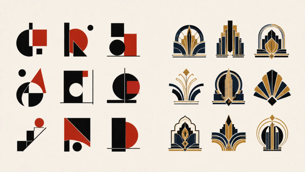 Hai hệ tạo hình logo đối chiếu giữa hình học giản lược của Bauhaus và đường nét Art Deco.