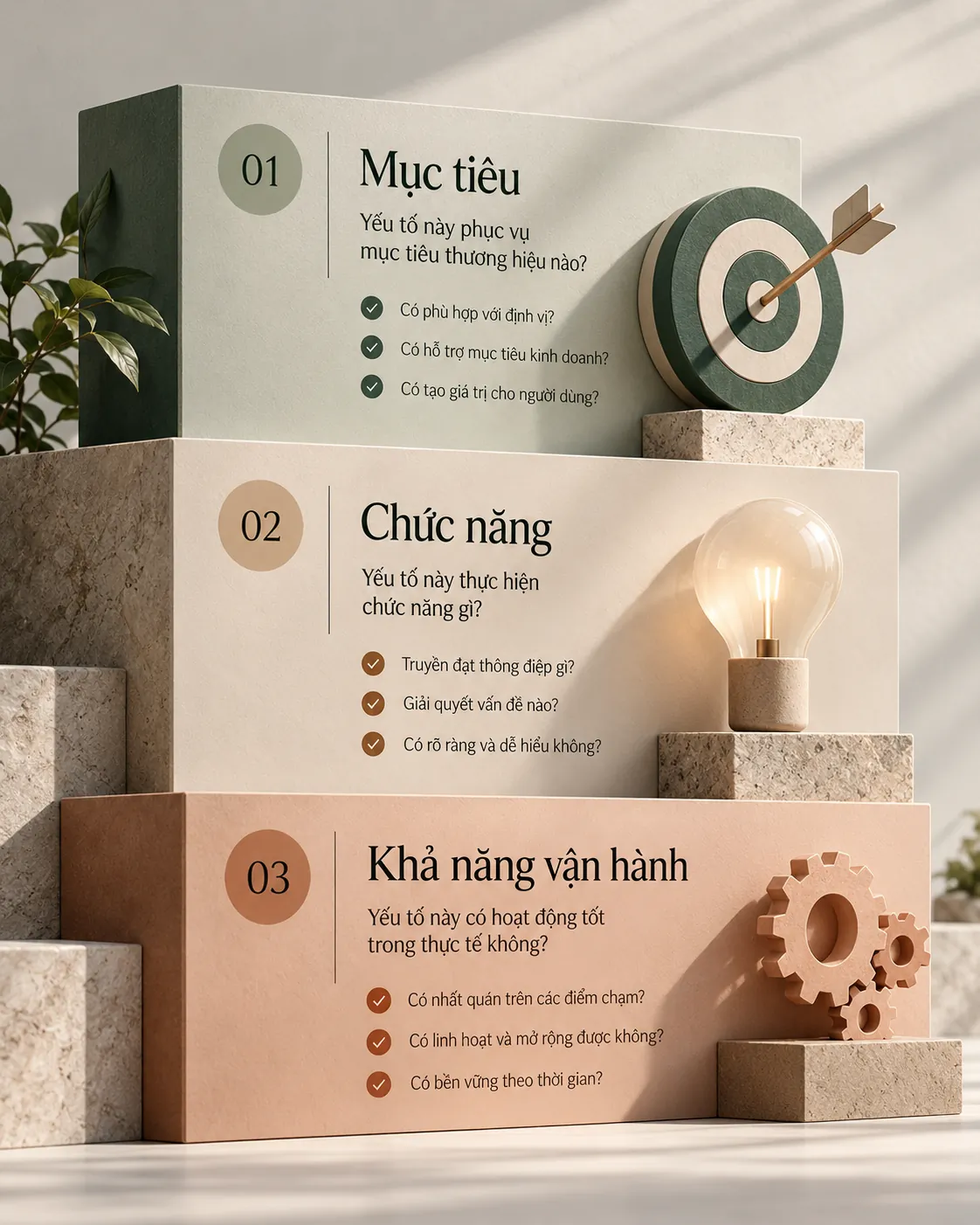 Ba lớp đánh giá quyết định thiết kế gồm mục tiêu, chức năng và khả năng vận hành
