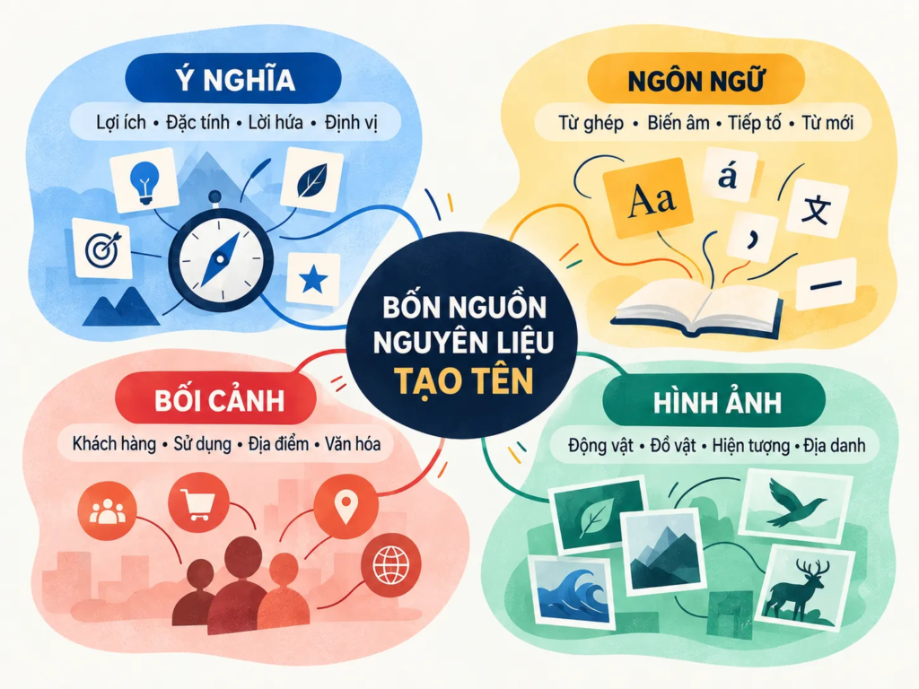 Framework bốn nguồn tạo tên gồm ý nghĩa, ngôn ngữ, bối cảnh và hình ảnh để mở rộng hướng sáng tạo.