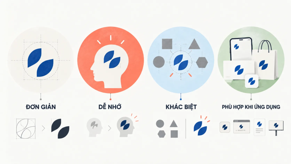 Sơ đồ bốn nguyên tắc thiết kế logo gồm đơn giản, dễ nhớ, khác biệt và phù hợp khi ứng dụng.