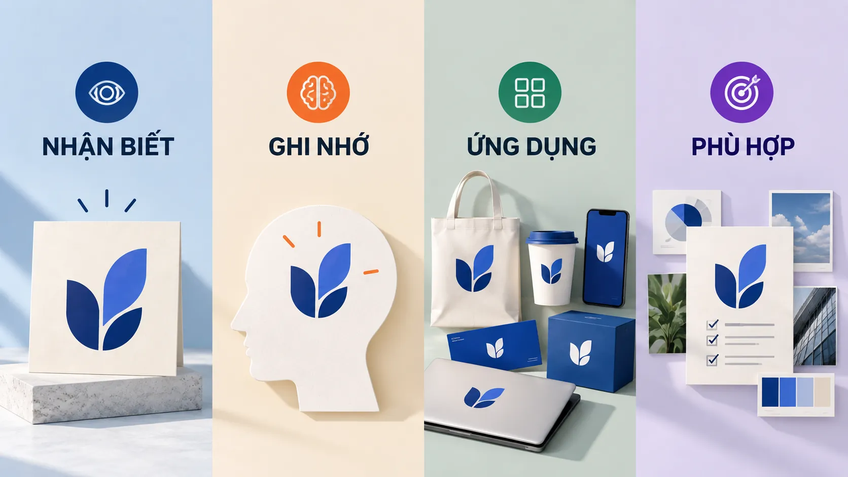 Ma trận bốn tiêu chí đánh giá logo gồm nhận biết, ghi nhớ, ứng dụng và phù hợp.