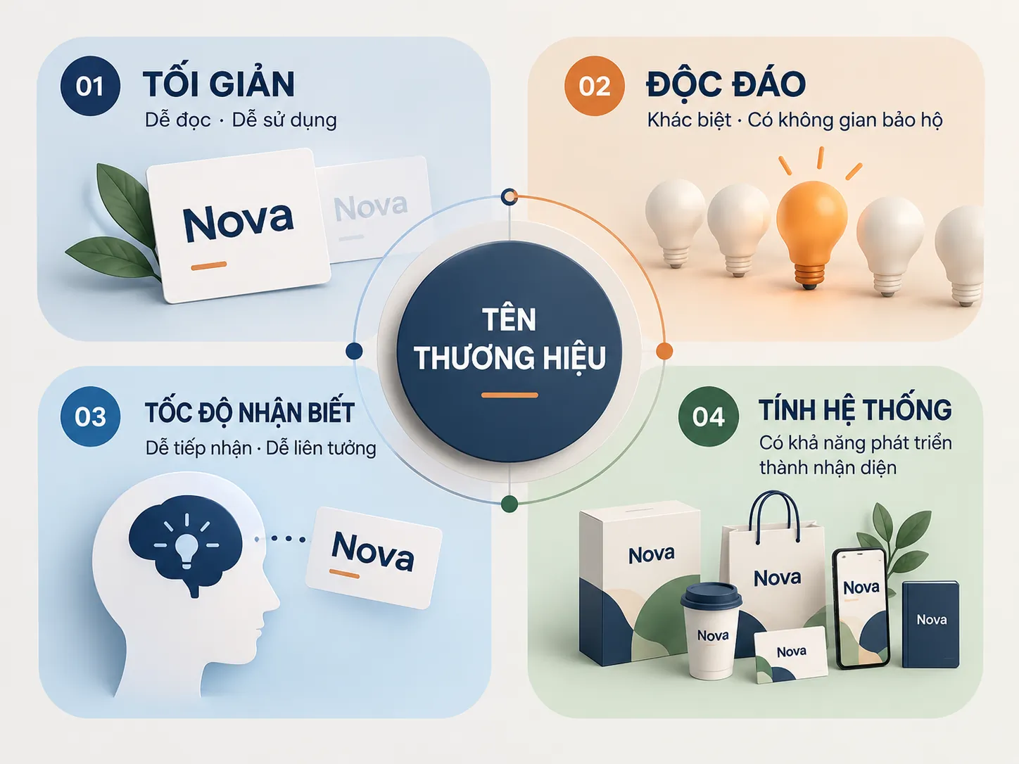Sơ đồ bốn tiêu chí gồm tối giản, độc đáo, tốc độ nhận biết và tính hệ thống khi đặt tên.