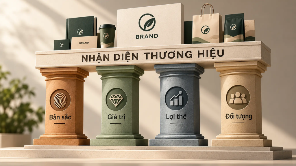 Diagram bốn trụ cột gồm bản sắc, giá trị, lợi thế cạnh tranh và khách hàng mục tiêu.