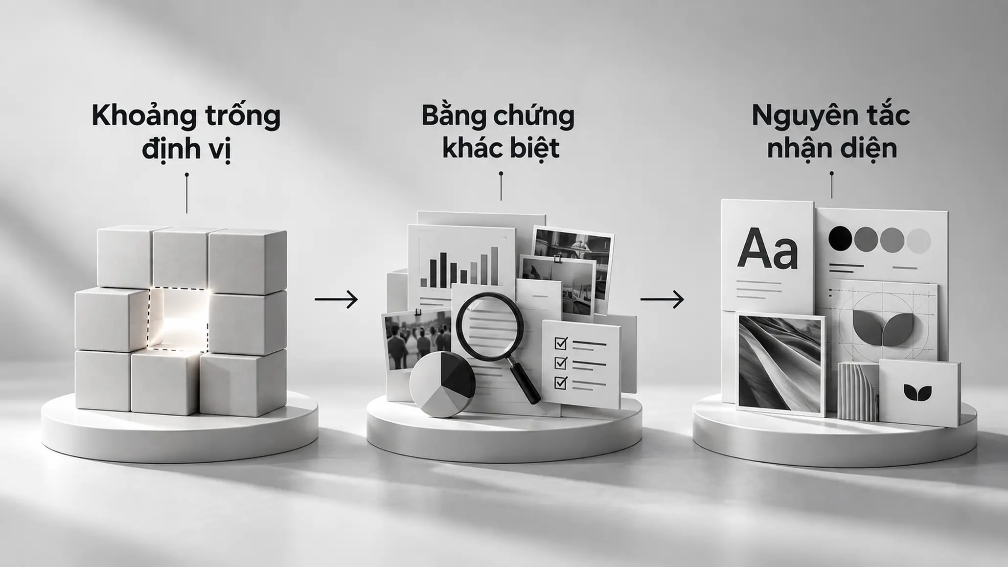 Sơ đồ bốn trụ cột chiến lược làm nền tảng cho hệ thống nhận diện thương hiệu.