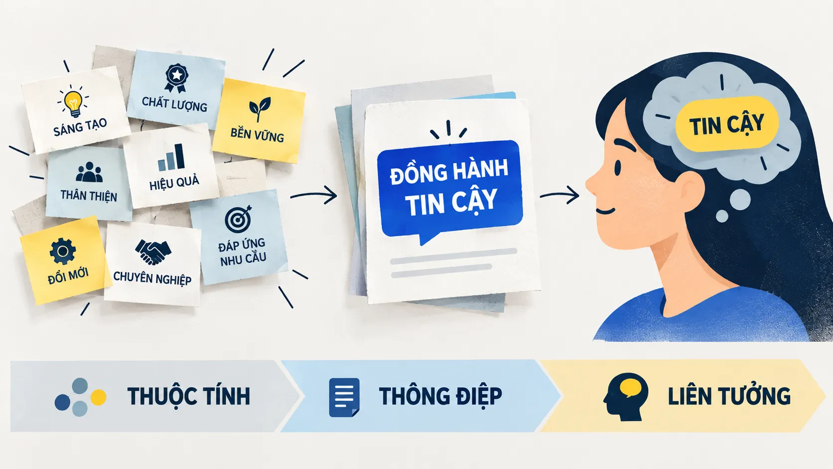 Sơ đồ mô tả quá trình thuộc tính thương hiệu trở thành liên tưởng nổi bật trong tâm trí khách hàng.