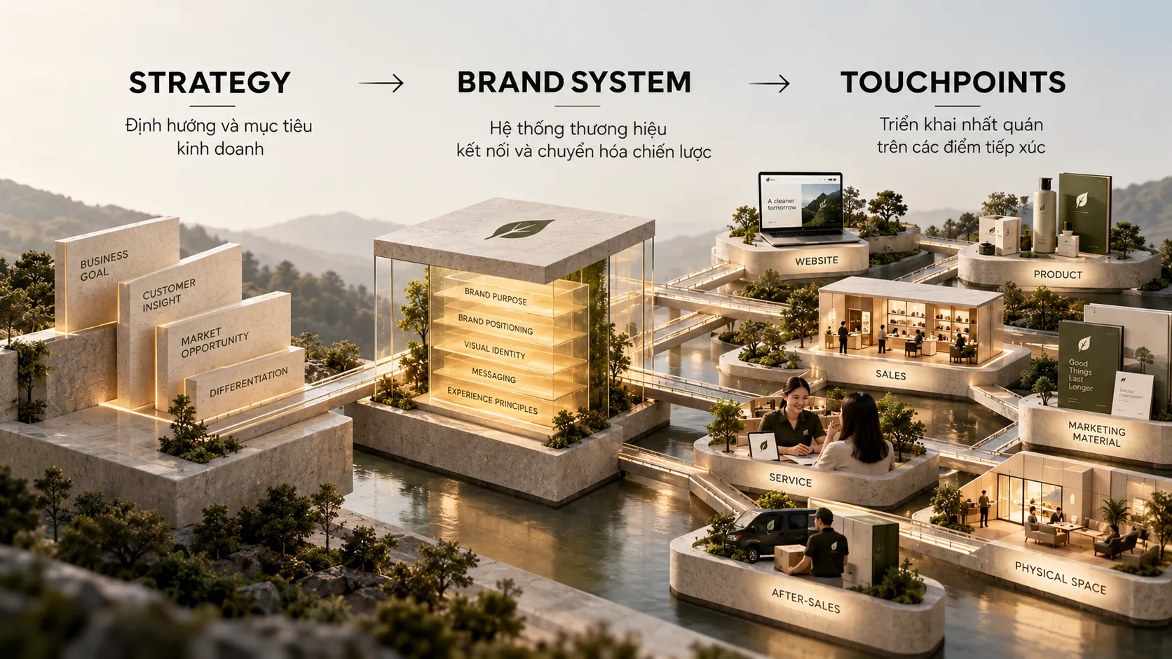 Sơ đồ thương hiệu kết nối chiến lược với sản phẩm, bán hàng, website và trải nghiệm khách hàng