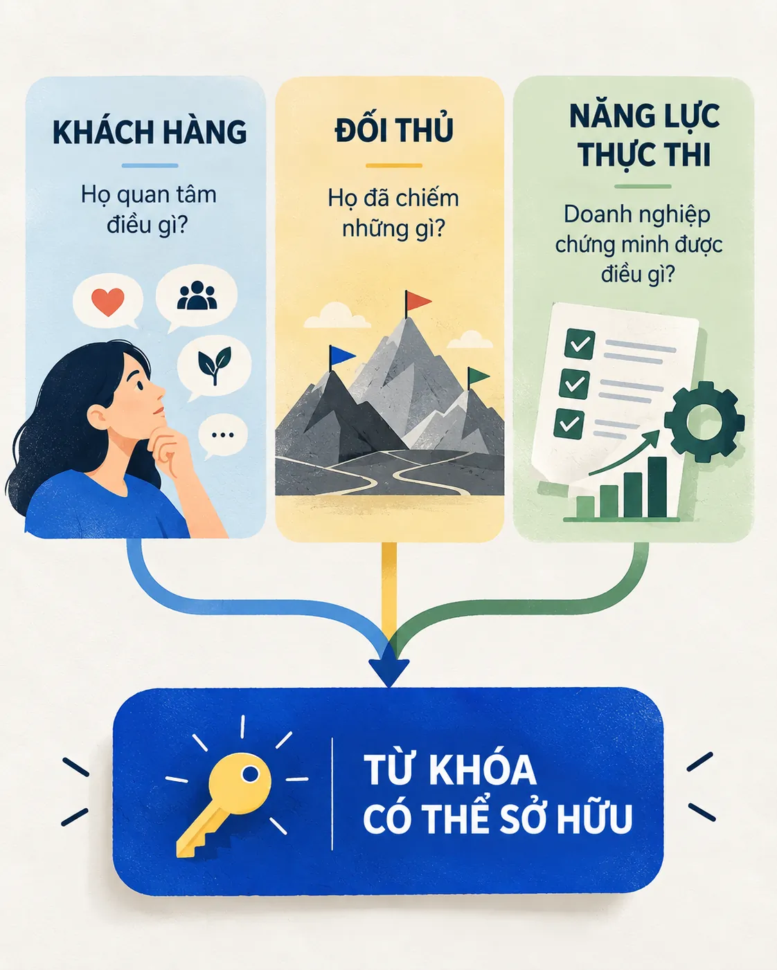 Framework ba yếu tố để đánh giá một từ khóa thương hiệu trước khi lựa chọn định vị.