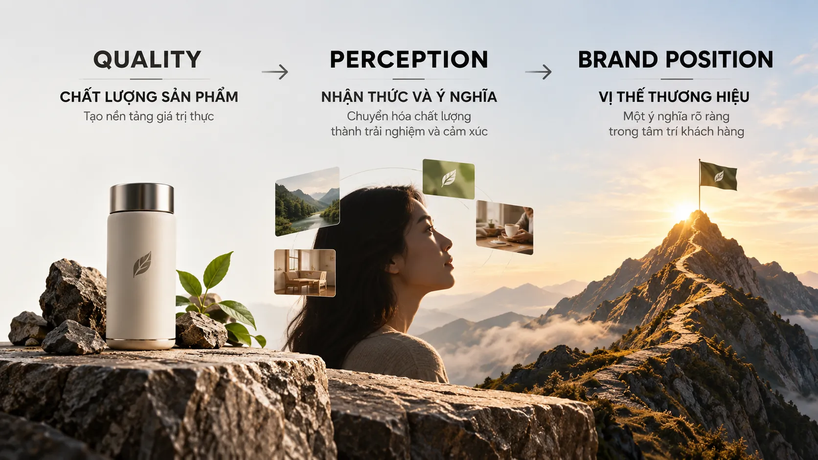 Sơ đồ cho thấy chất lượng sản phẩm dẫn đến giá trị thương hiệu và vị thế trong tâm trí khách hàng