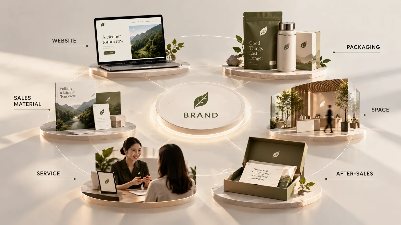Hệ thống các điểm chạm từ website, bao bì đến tài liệu và trải nghiệm khách hàng