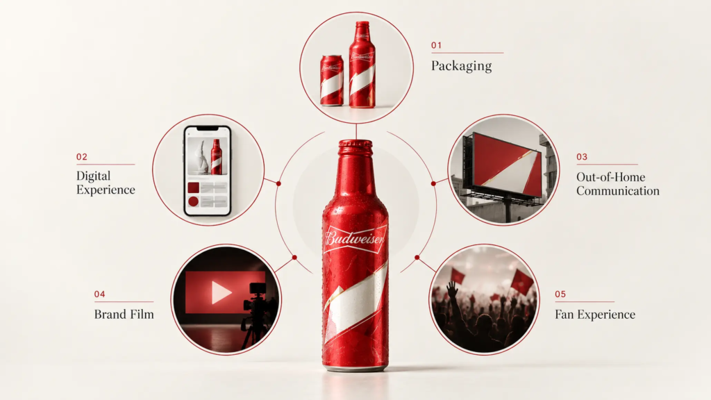 Sơ đồ kết nối bao bì Budweiser với nội dung số, OOH và các điểm chạm chiến dịch World Cup.