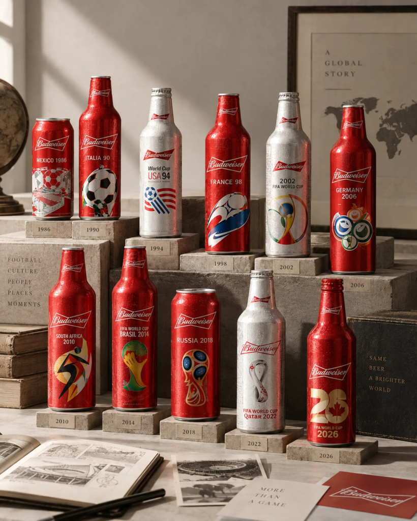 Các phiên bản bao bì Budweiser được sắp xếp thành bộ sưu tập theo hành trình World Cup.