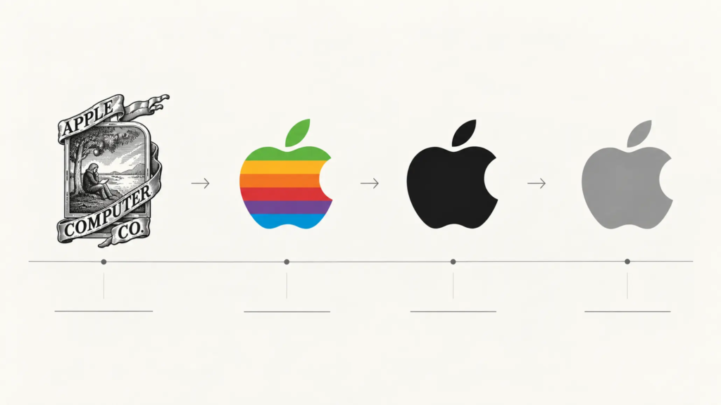So sánh các hình thức logo Apple từ biểu tượng Newton đến hình quả táo đơn sắc.