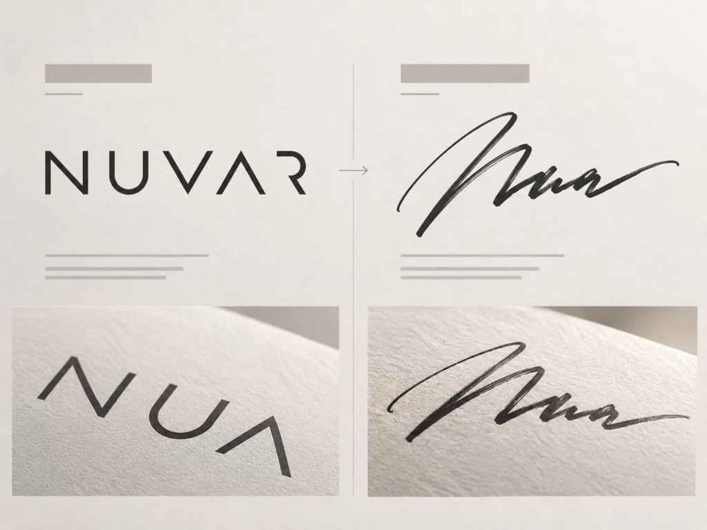 So sánh cách thể hiện tên thương hiệu bằng chữ thông thường và wordmark mang đặc điểm chữ ký.