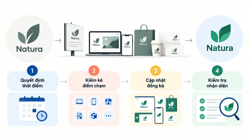 Bản đồ chuyển đổi logo qua thời điểm giới thiệu, điểm chạm và cập nhật hệ thống nhận diện.