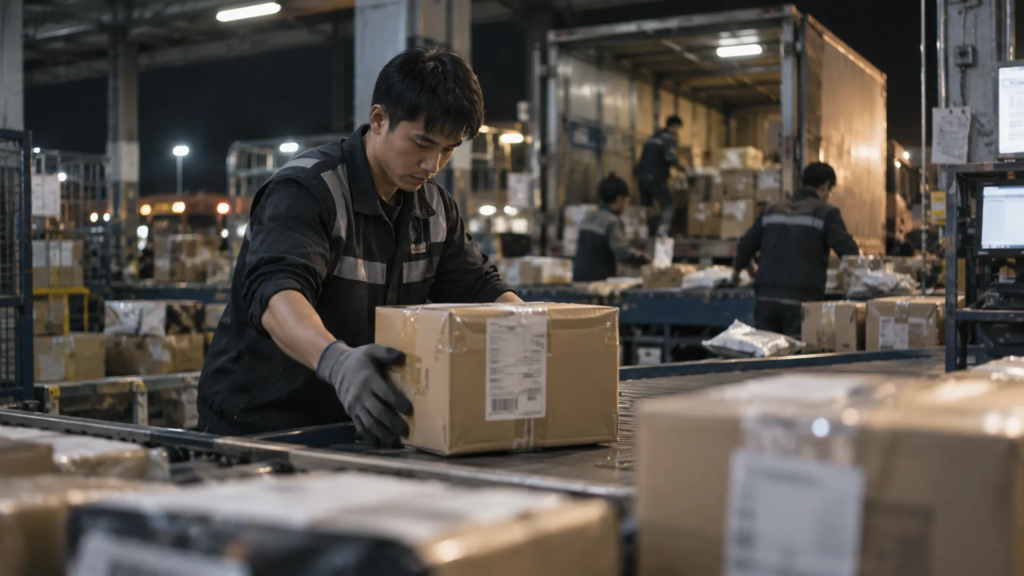 Kiện hàng được chuẩn bị cho dịch vụ giao nhận qua đêm trong bối cảnh vận chuyển thực tế