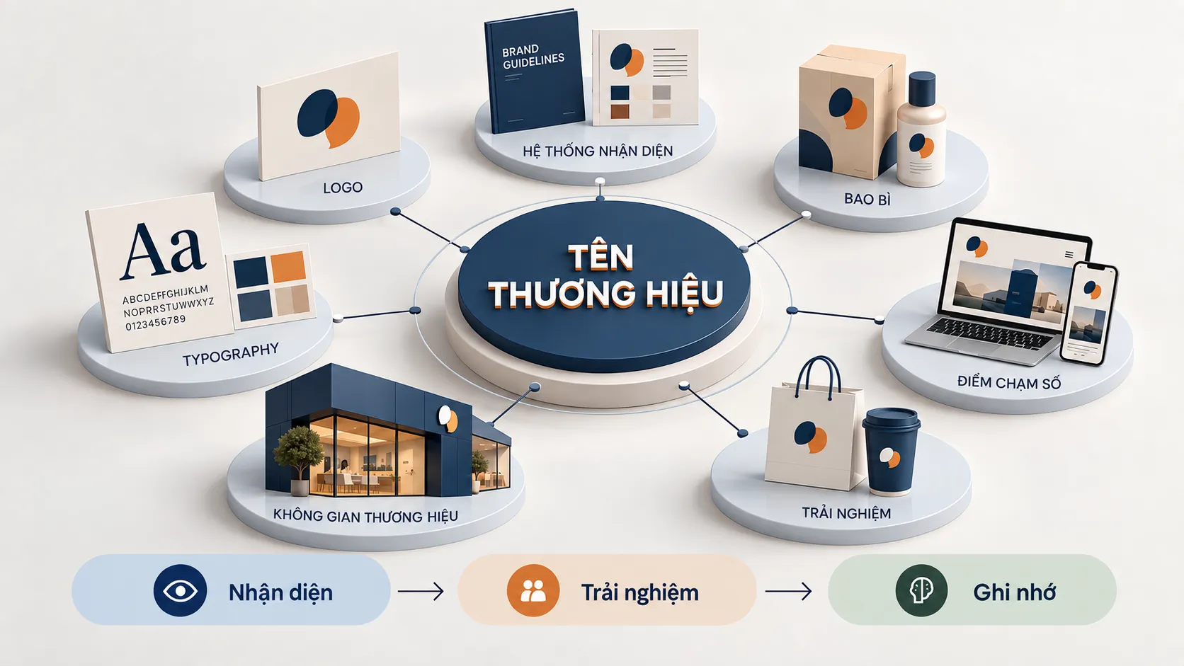 Một tên thương hiệu ở trung tâm kết nối với logo, bao bì, typography và các điểm chạm thương hiệu.