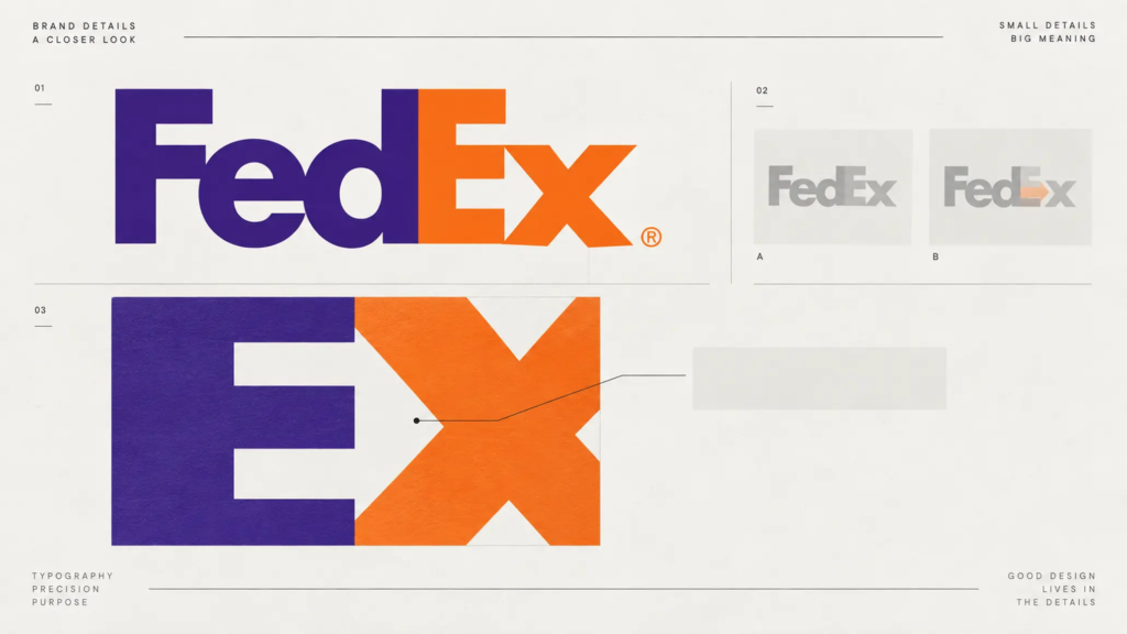 Chi tiết khoảng âm giữa E và X trong logo FedEx tạo thành hình mũi tên.