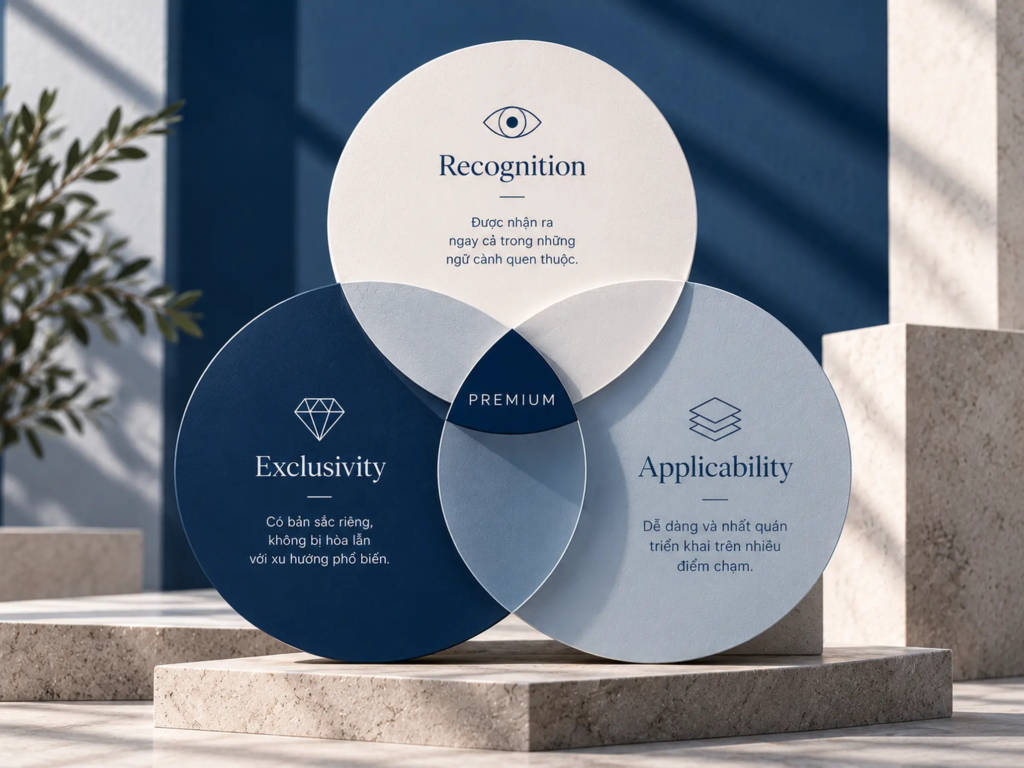 Framework ba thành phần Recognition, Exclusivity và Applicability trong định vị Premium của thương hiệu.