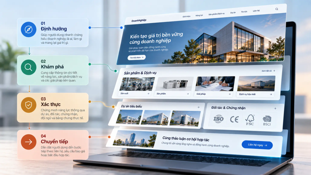 Sơ đồ website thể hiện bốn lớp định hướng, khám phá, xác thực và chuyển tiếp.